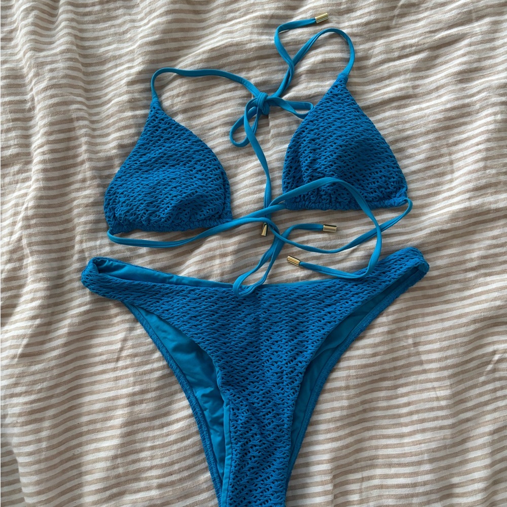 Monday Swimwear blue crochet bikini, sarong and crochet halter top set